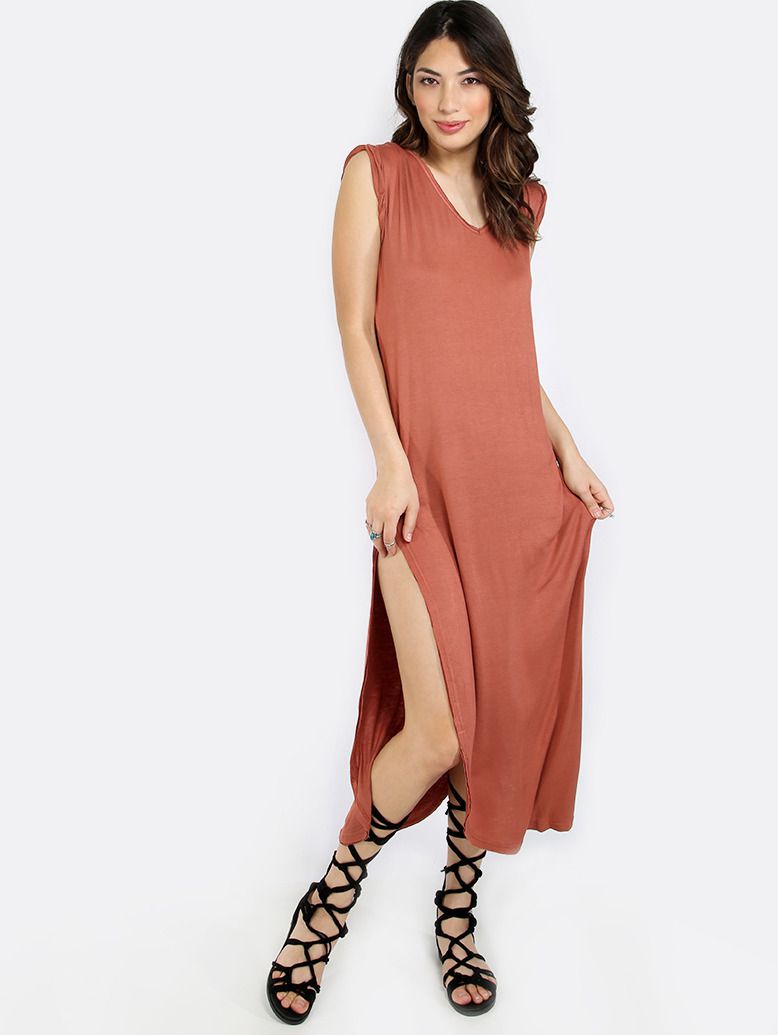 Red Sleeveless V Neck Split Side Maxi Dress