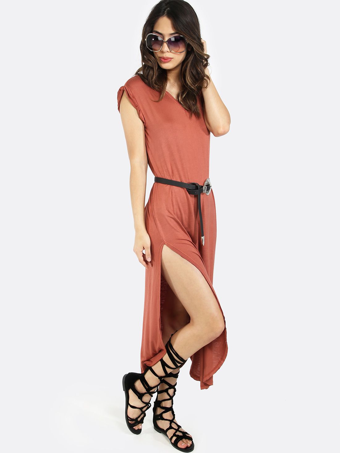 Red Sleeveless V Neck Split Side Maxi Dress