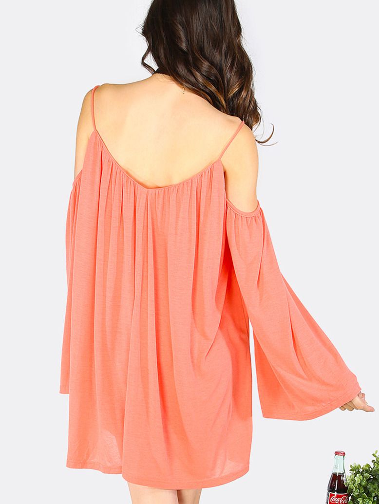 Pink Cold Shoulder Long Sleeve Shift Dress