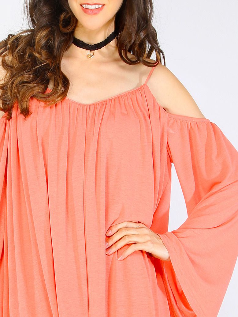 Pink Cold Shoulder Long Sleeve Shift Dress