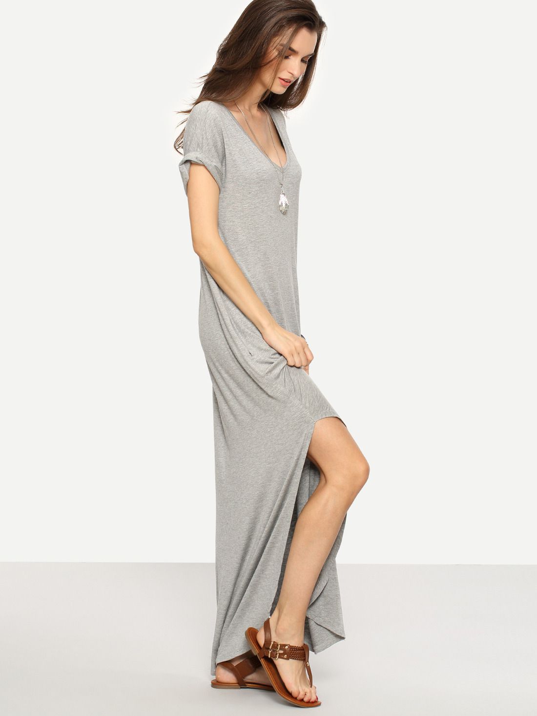 Grey Rolled-cuff Pockets Split Maxi Dress