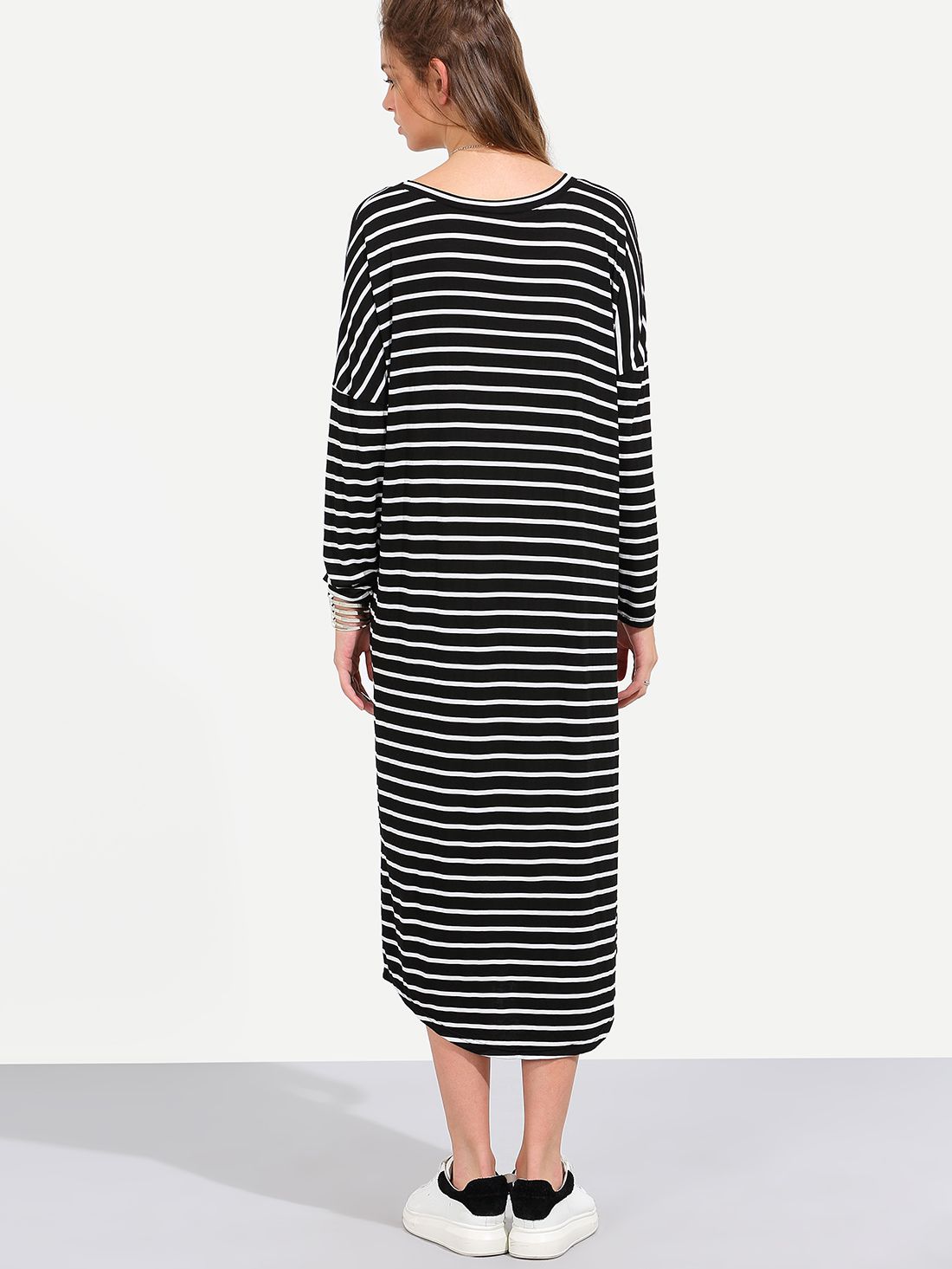 Black White Stripe Long Sleeve Shift Midi Dress