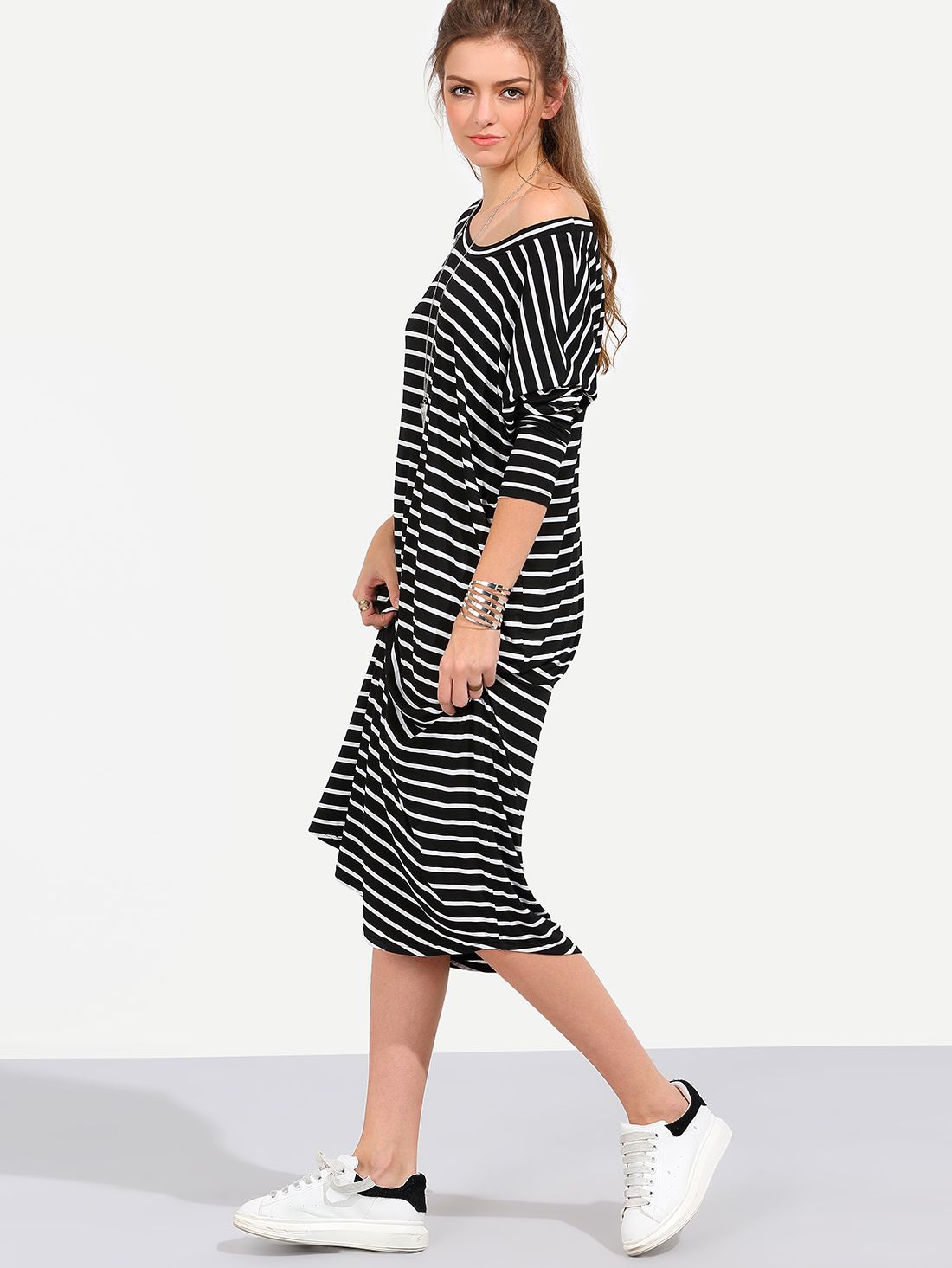 Black White Stripe Long Sleeve Shift Midi Dress