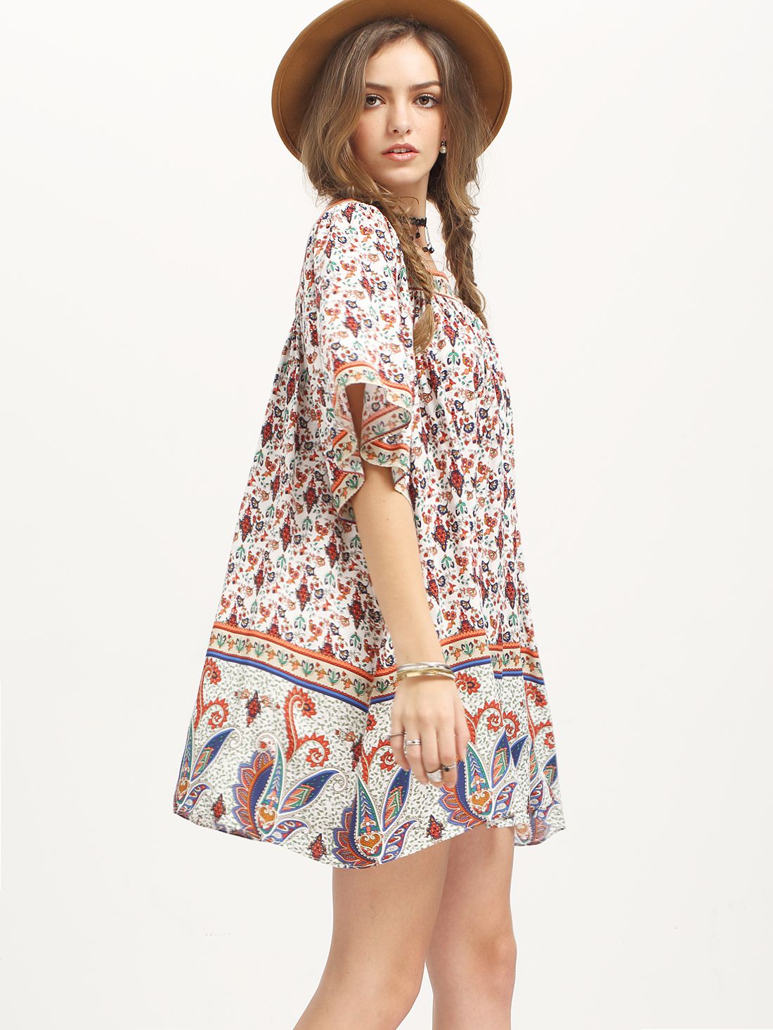 Multicolor Vintage Print Half Sleeve Shift Dress