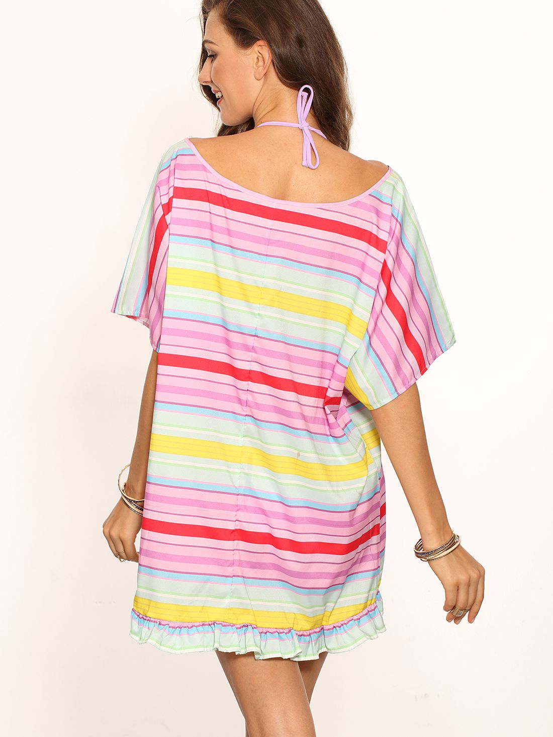 Colored Stripe Ruffle Hem Halter Neck Shift Dress