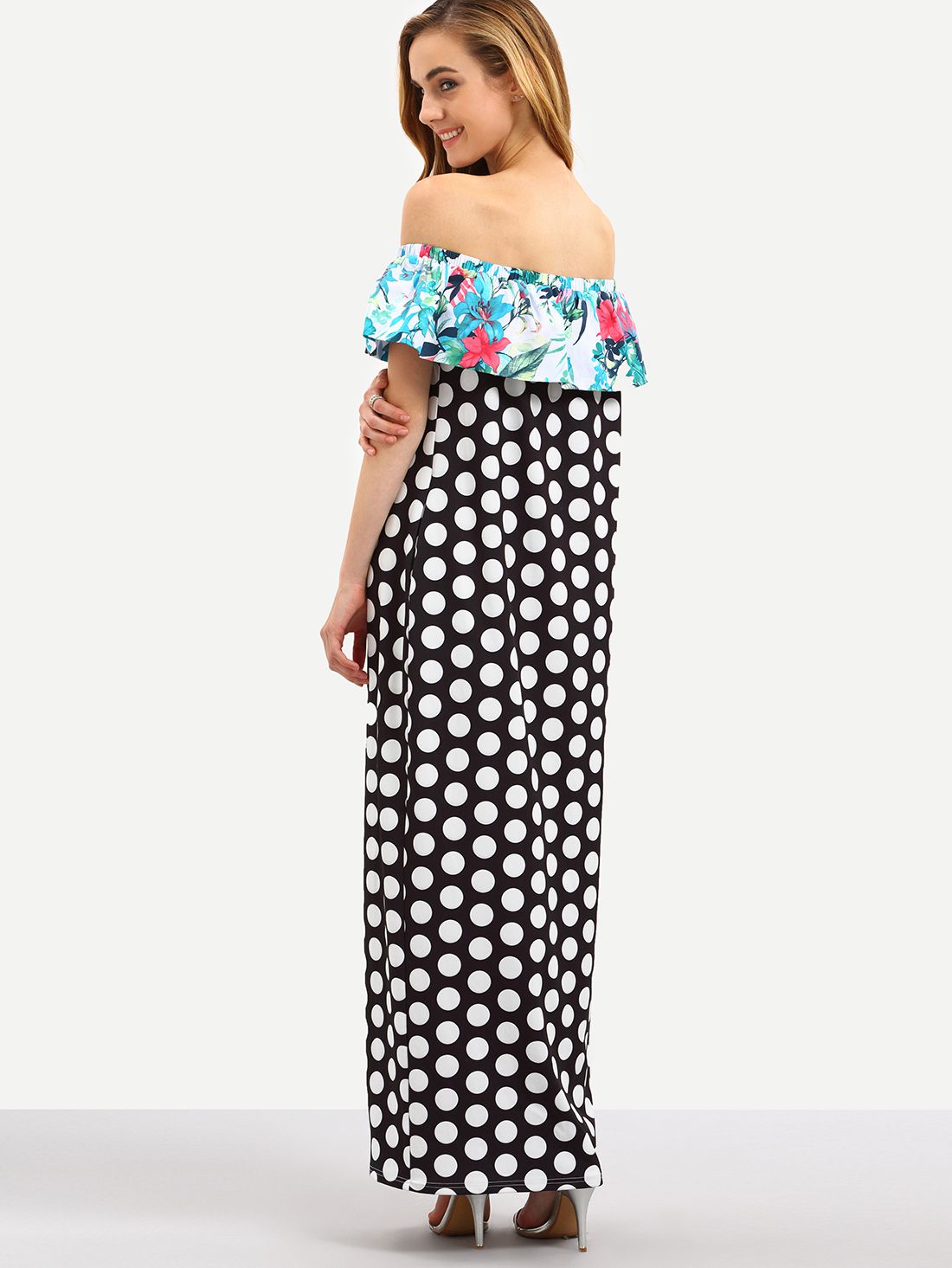 Multicolor Off The Shoulder Polka Dot Ruffle Maxi Dress