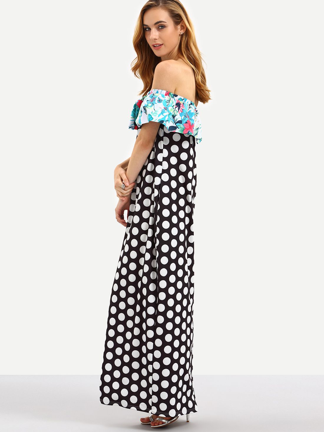 Multicolor Off The Shoulder Polka Dot Ruffle Maxi Dress