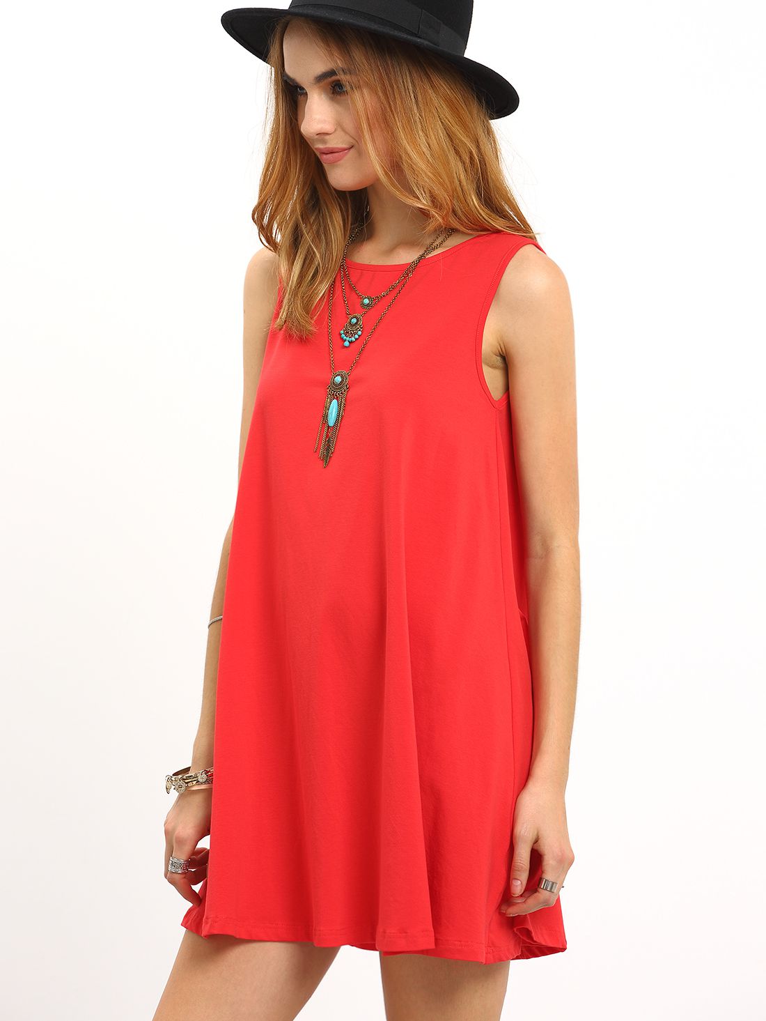 Red Sleeveless Tie Back Shift Dress