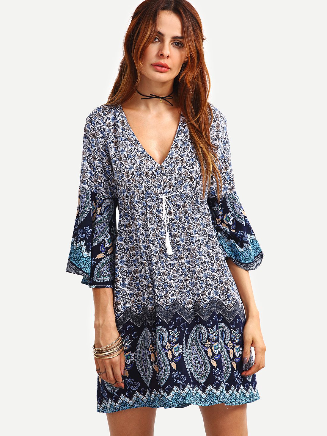 Double V-Neck Bell Sleeve Multicolor Paisley Print Dress