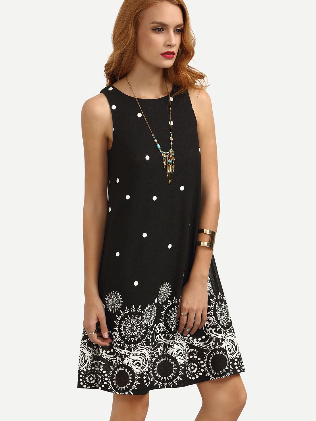 Black Polka Dot Print Sleeveless Shift Dress