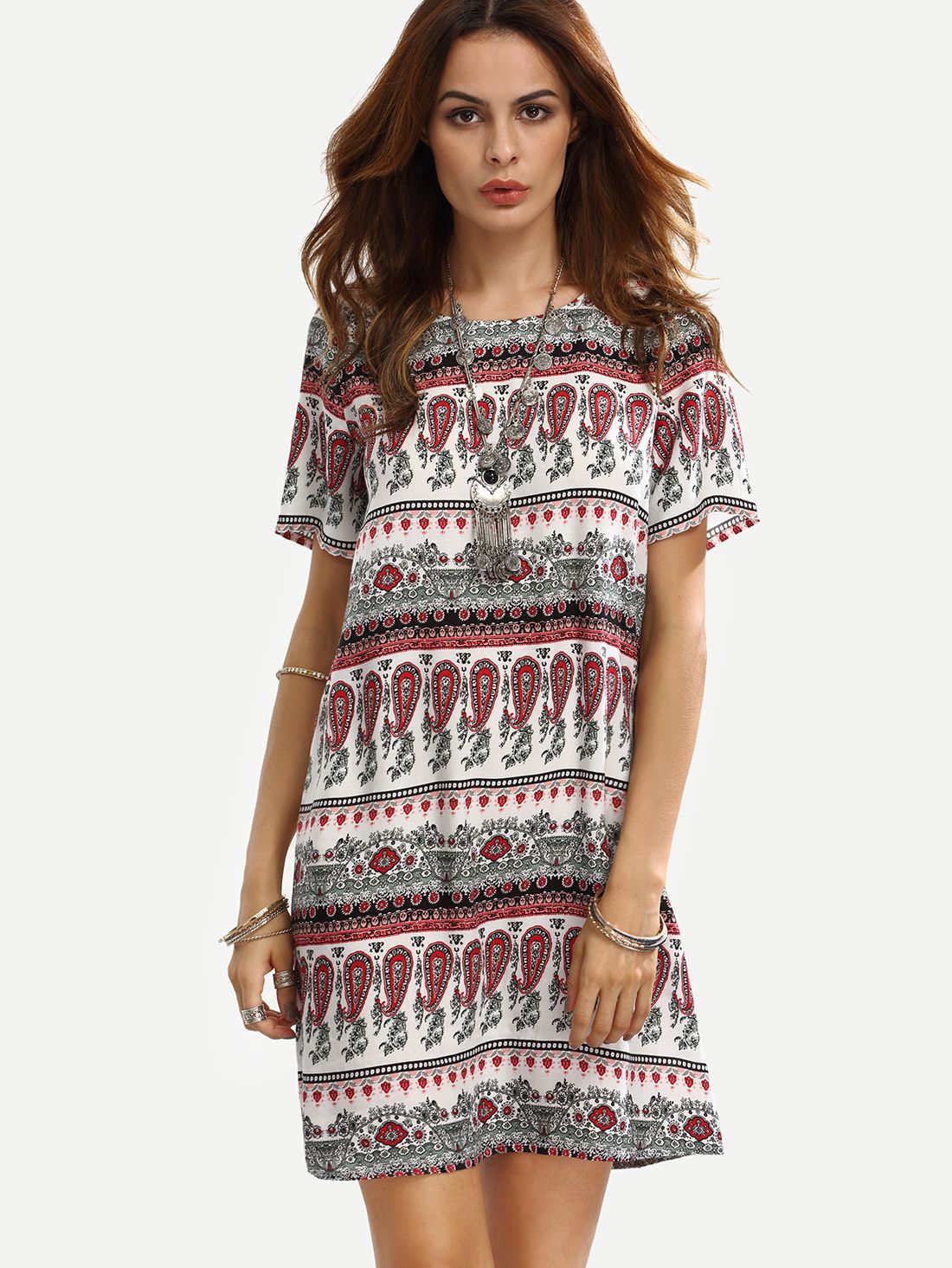 Multicolor Print Short Sleeve Shift Dress