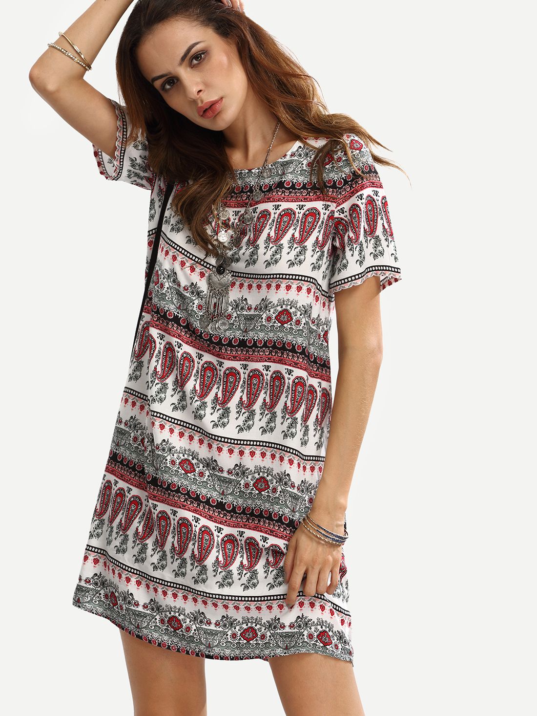 Multicolor Print Short Sleeve Shift Dress