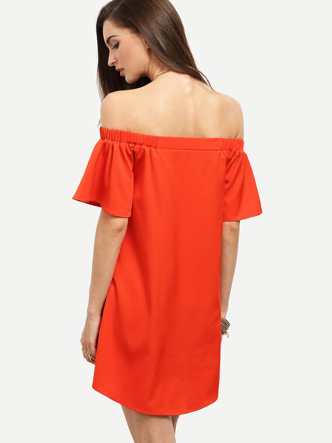 Red Ruffle Off The Shoulder Shift Dress