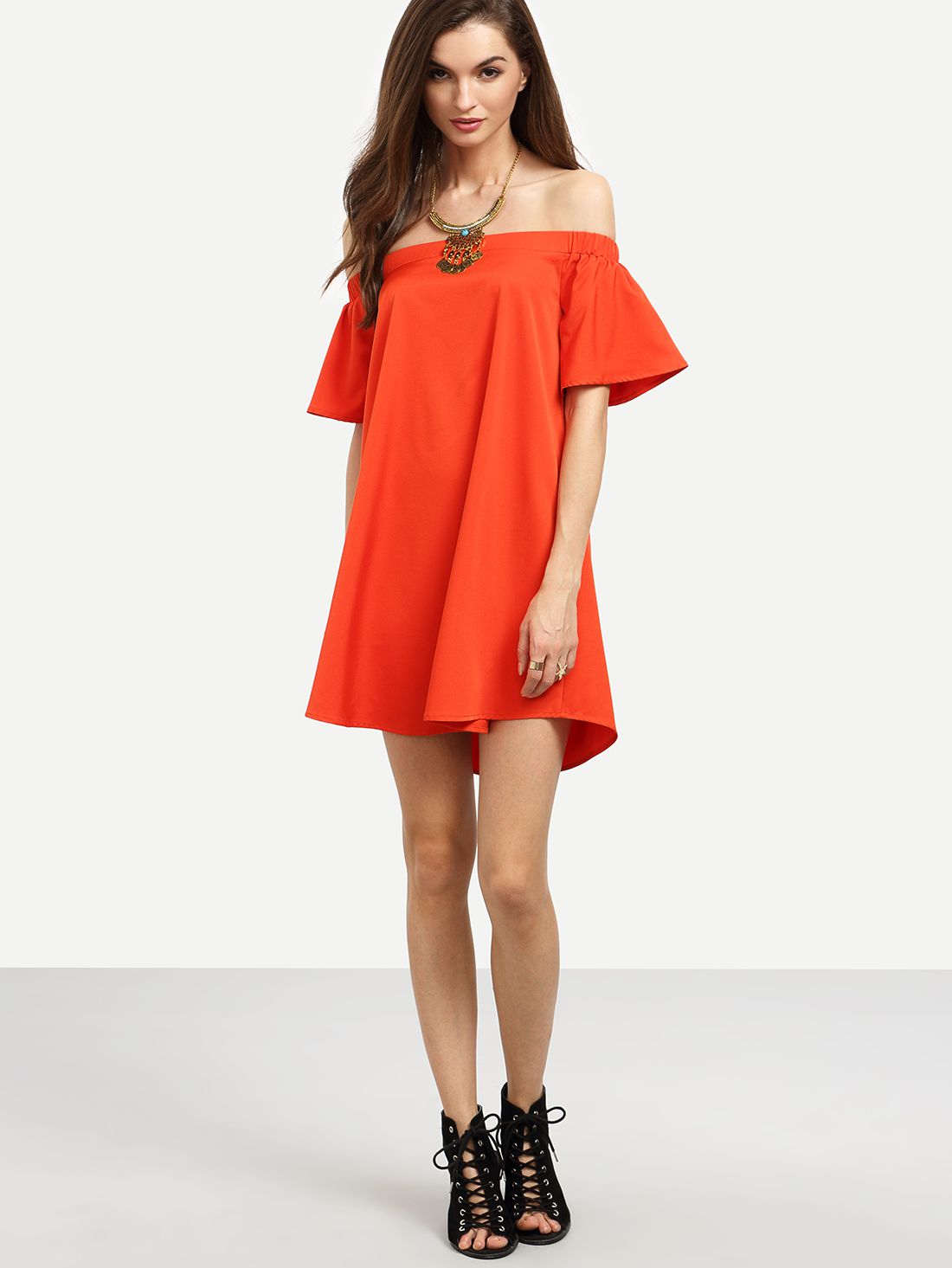 Red Ruffle Off The Shoulder Shift Dress