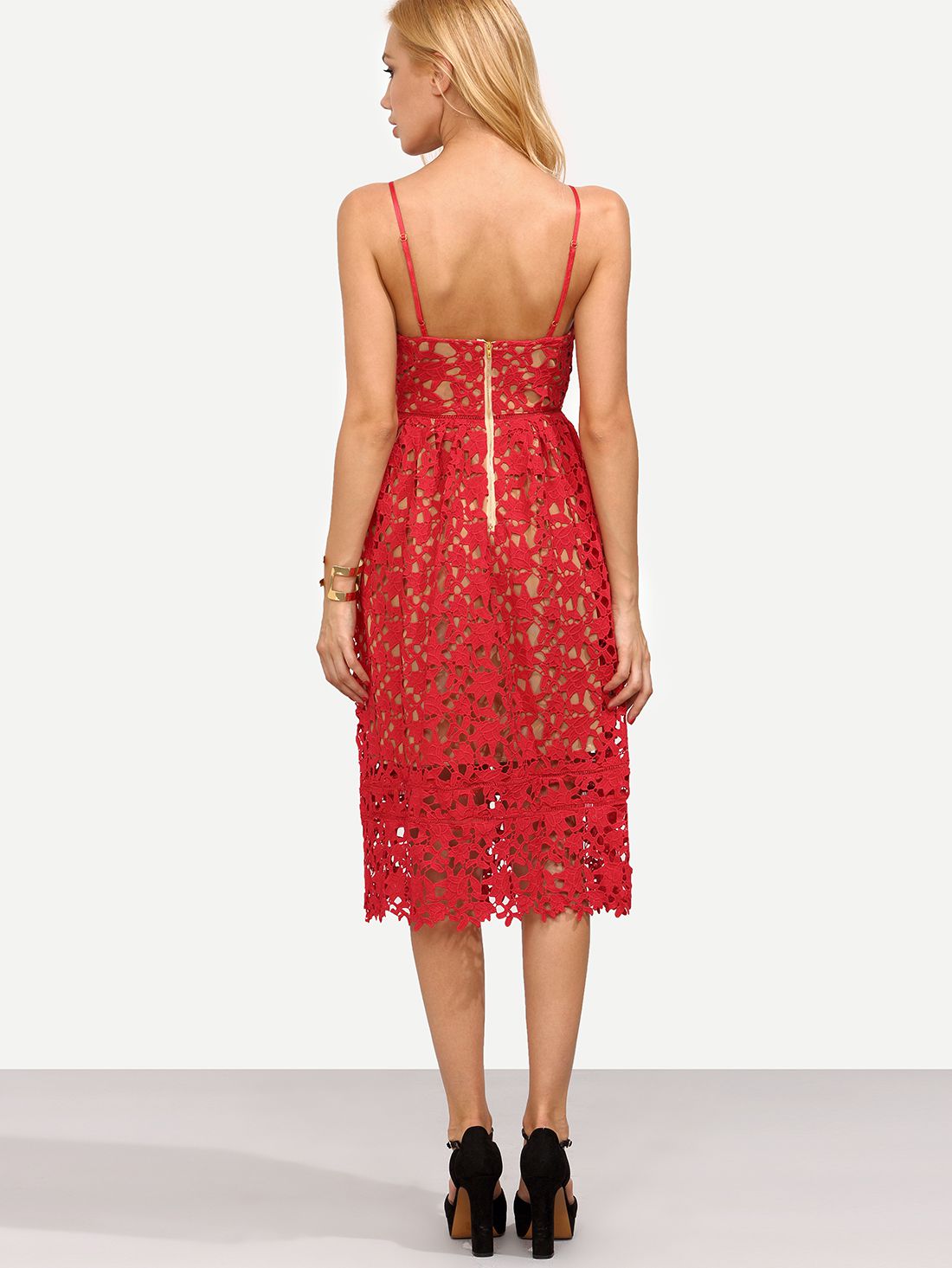 Red Hollow Out Fit & Flare Lace Cami Dress