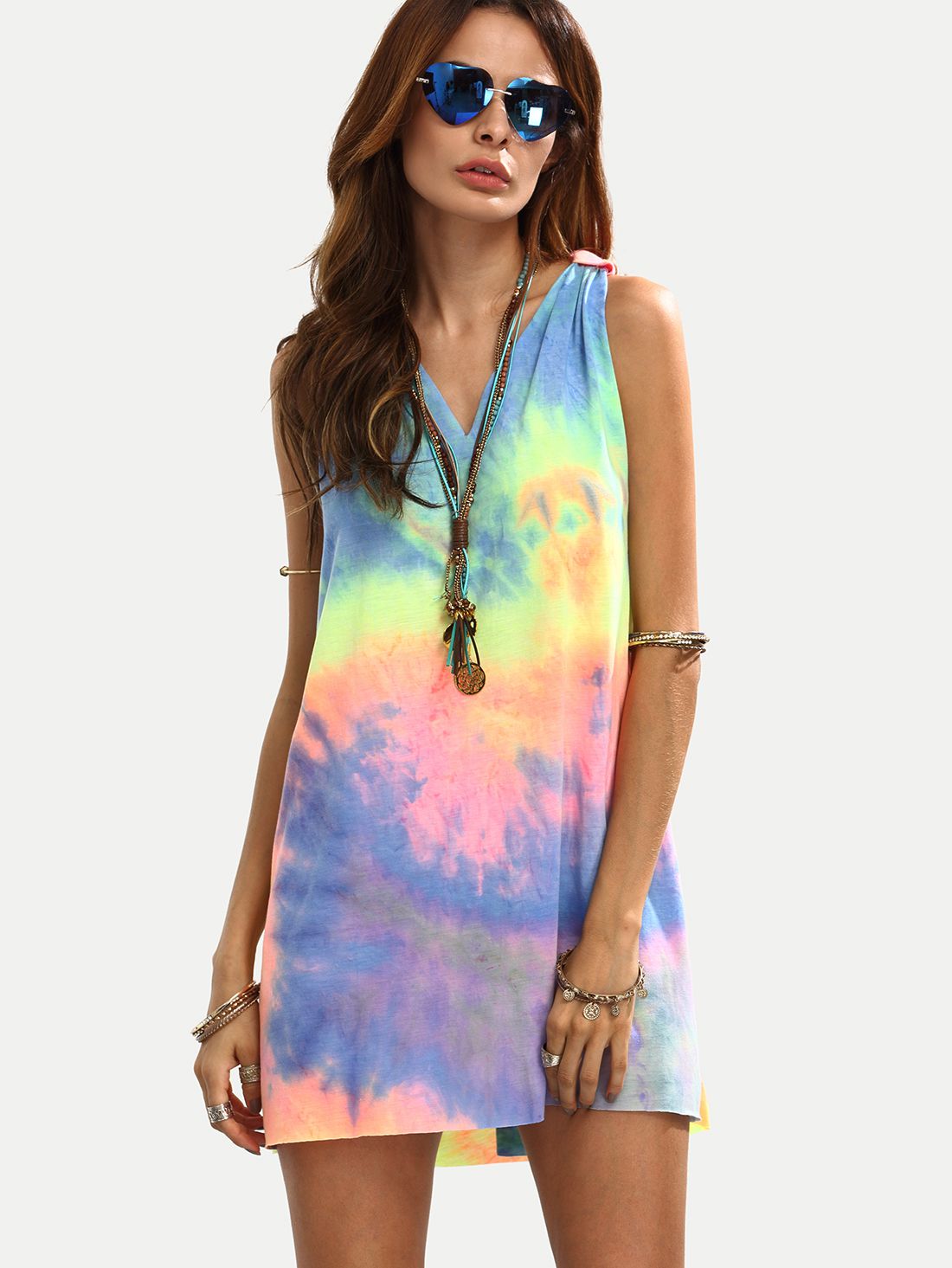 Multicolor Tie-dye V Neck Sleeveless Knotted Shift Dress