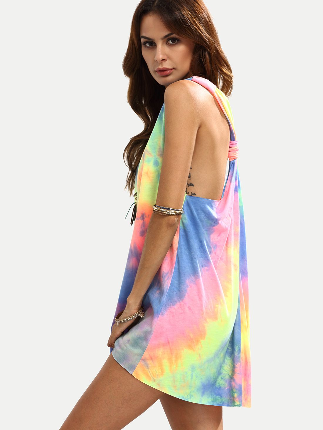 Multicolor Tie-dye V Neck Sleeveless Knotted Shift Dress