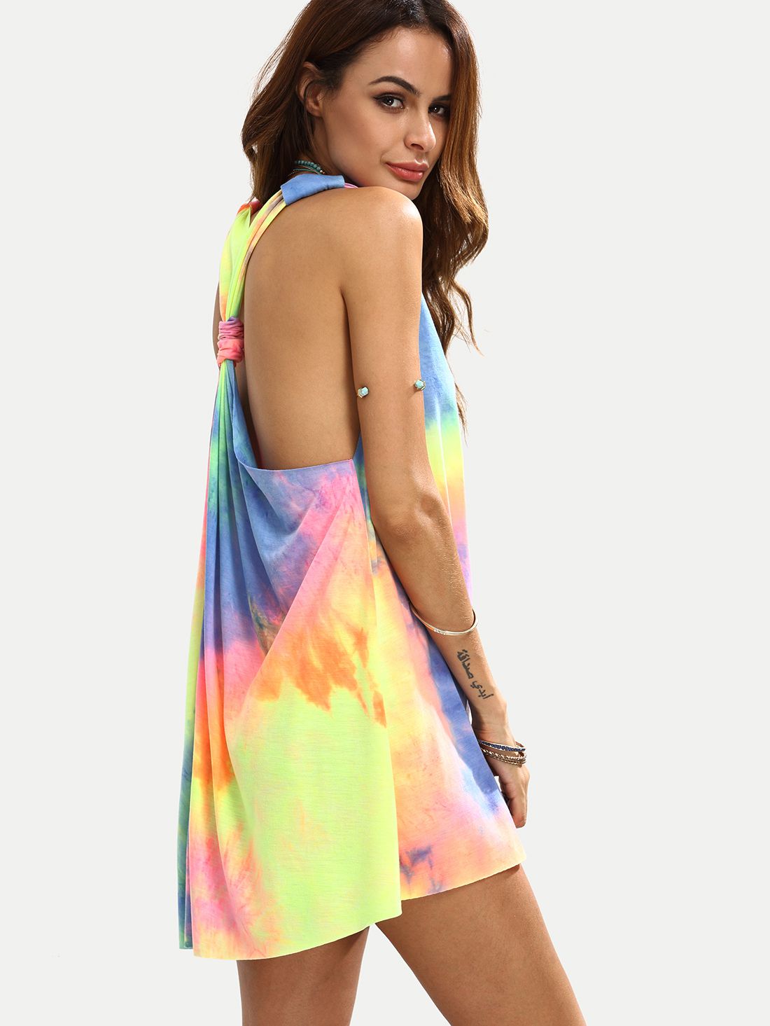 Multicolor Tie-dye V Neck Sleeveless Knotted Shift Dress