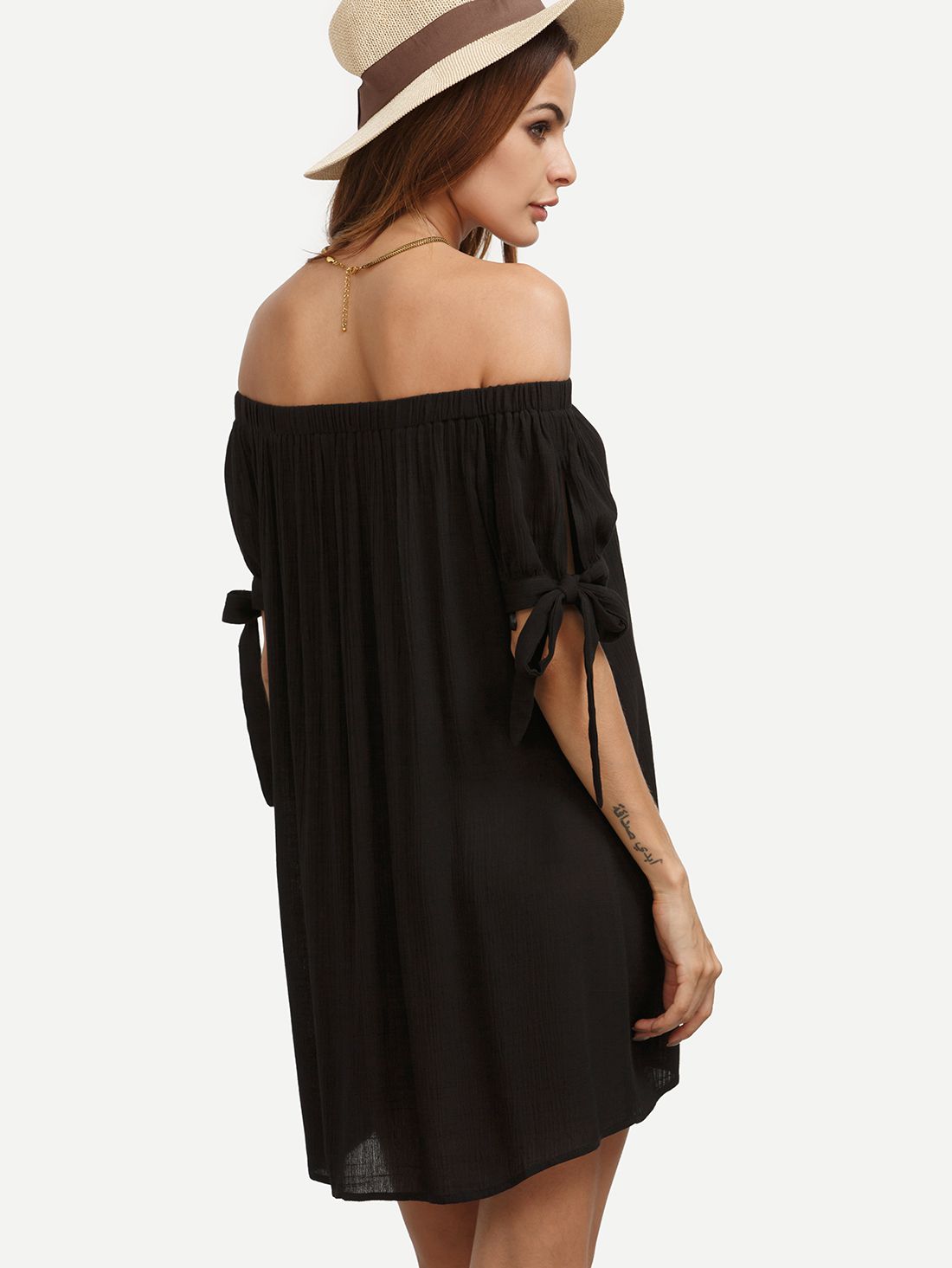 Black Off The Shoulder Tie Cuff Shift Dress