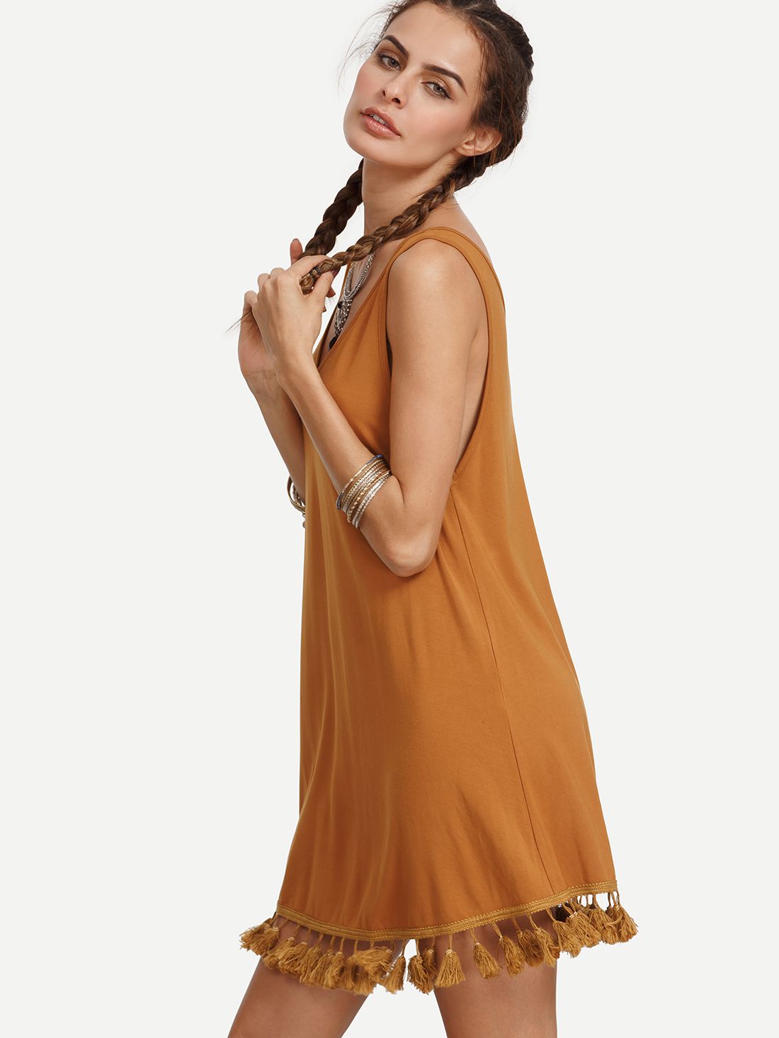 Brown V Neck Tassel Hem Sleeveless Dress