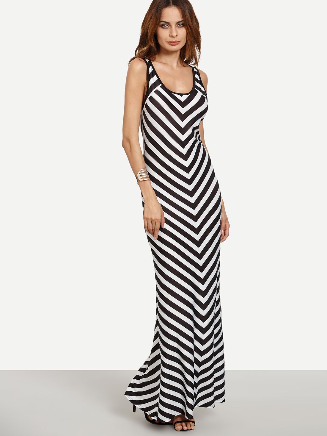 Black White Chevron Print Maxi Tank Dress