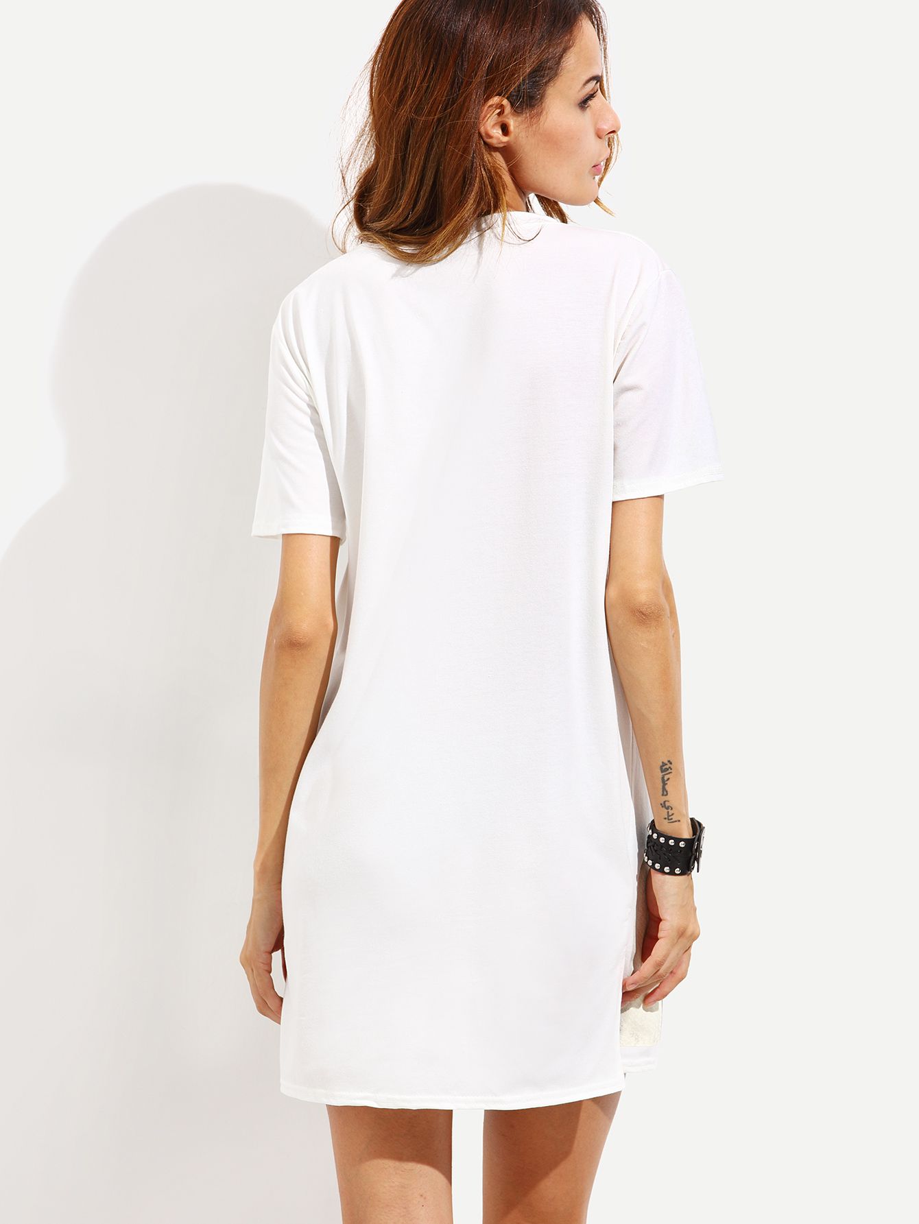 White Cartoon Print Slit Side Tshirt Dress