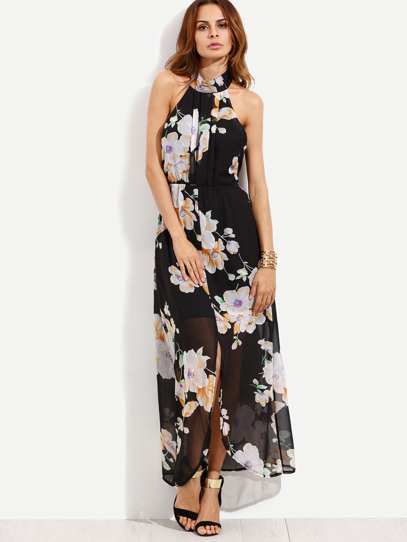 Black Flower Print Halter Neck Slit Chiffon Dress