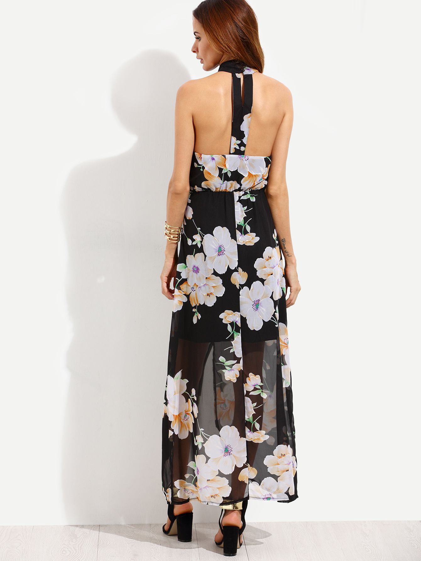 Black Flower Print Halter Neck Slit Chiffon Dress