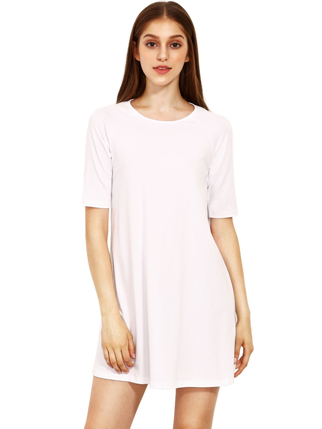 Beige Round Neck Inch Half Sleeve Loose Dress