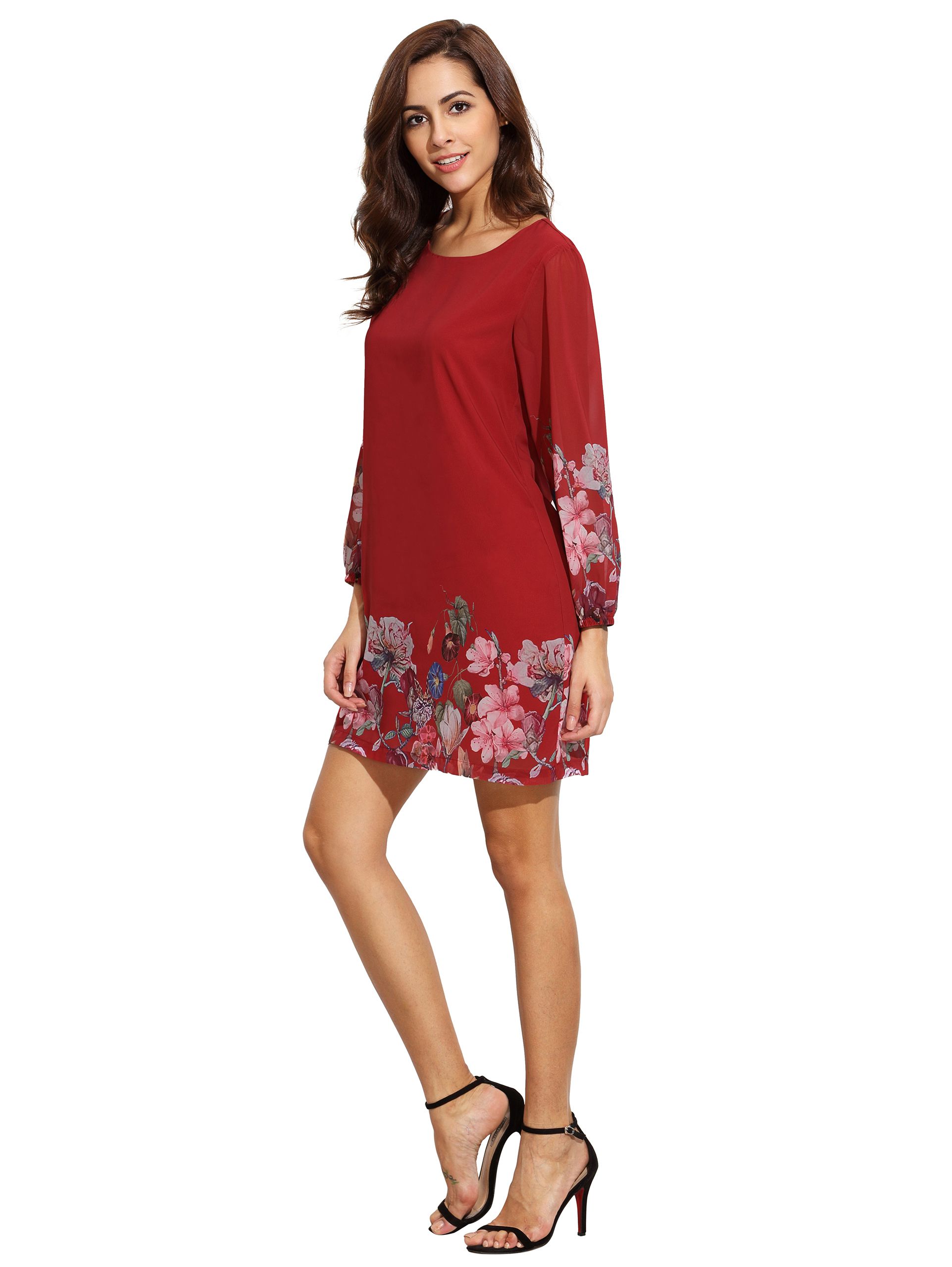 Red Lantern Sleeve Floral Shift Dress