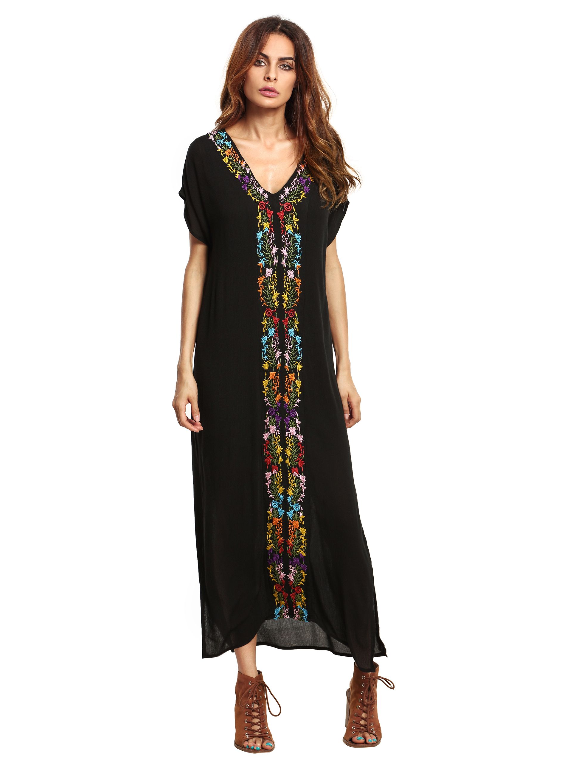 Black Placement Print Split Side Maxi Dress