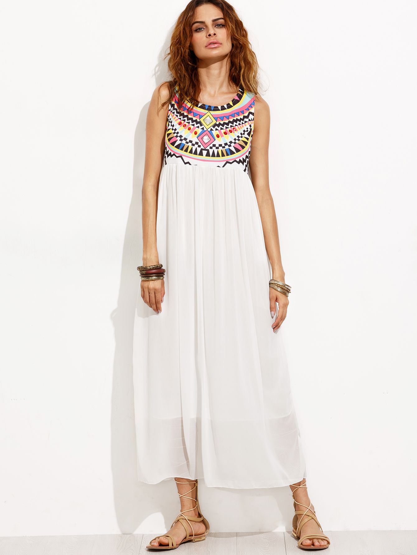 White Tribal Print Chiffon Dress