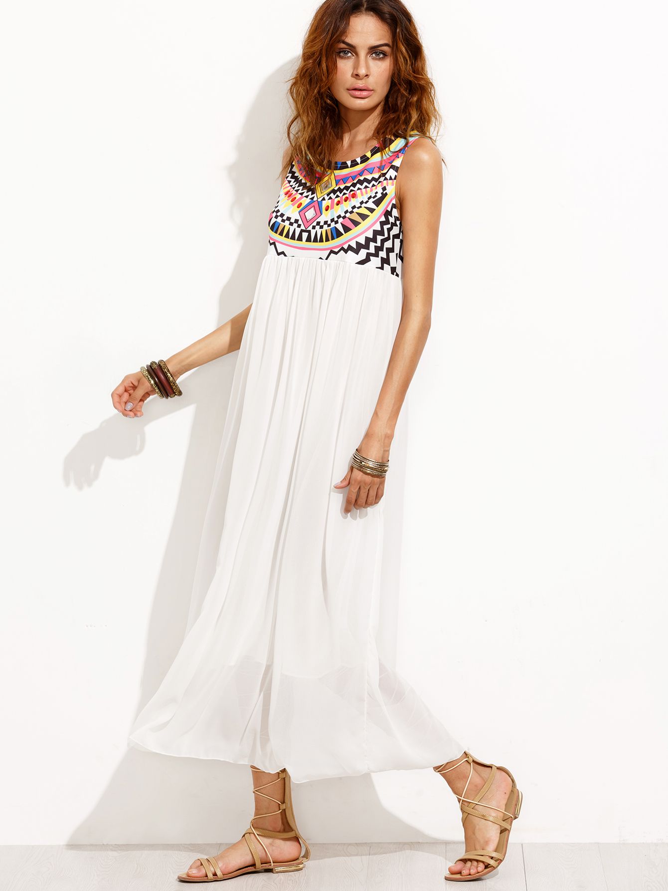 White Tribal Print Chiffon Dress