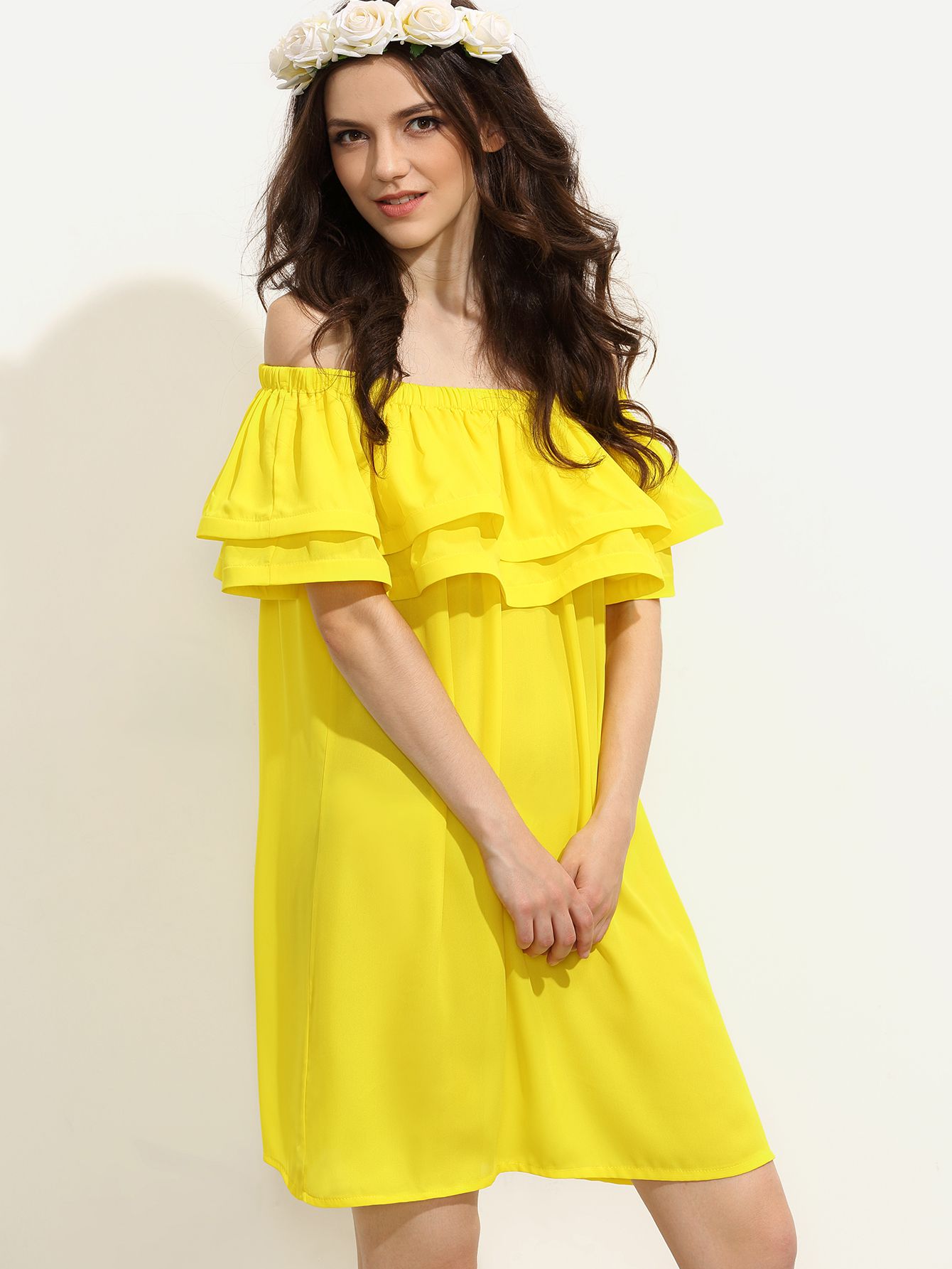 Yellow Ruffle Off The Shoulder Shift Dress