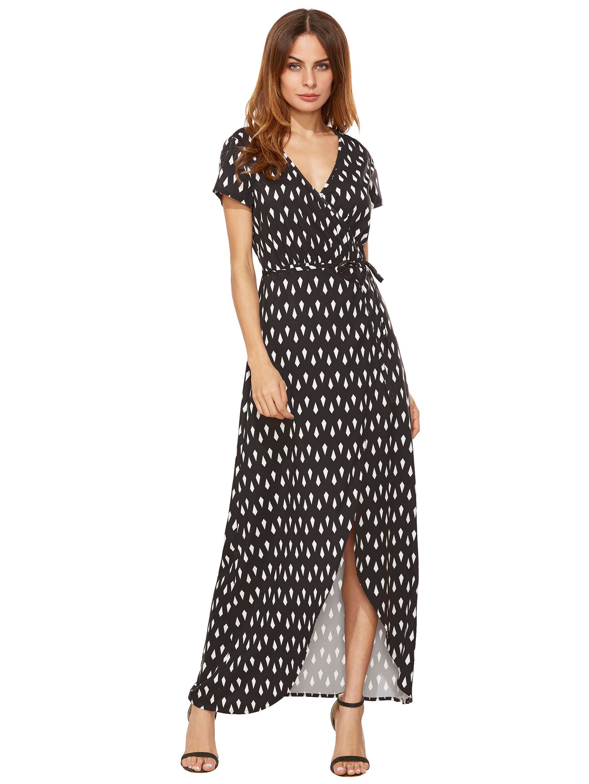 Black White Print Split Long Dress