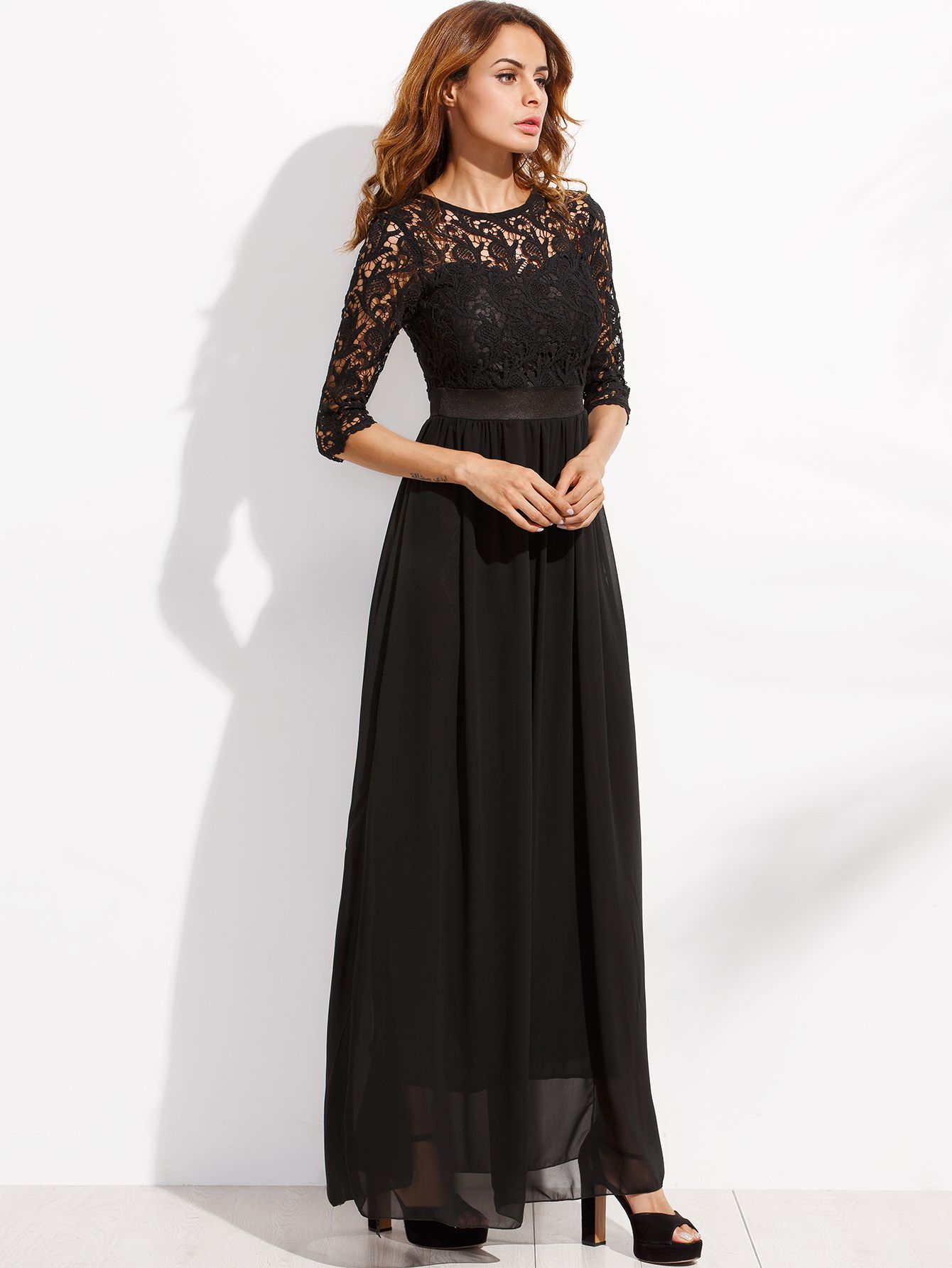 Black Lace Overlay Maxi Chiffon Dress