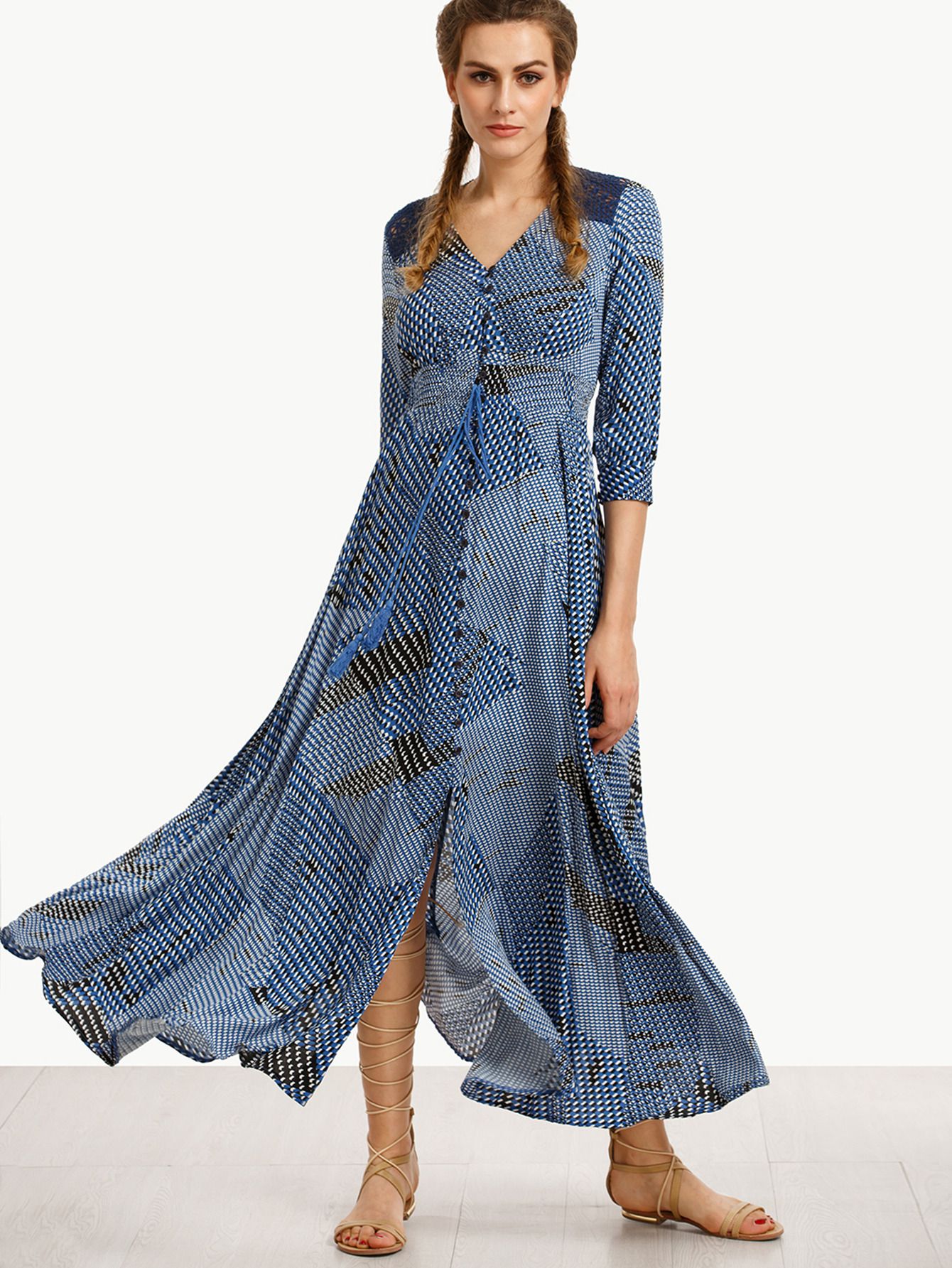 Blue Print Crochet Insert Drawstring Button Front Dress