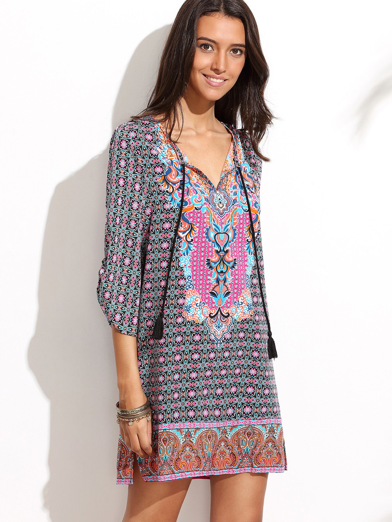 Multicolor Half Sleeve V Neck Printed Dress