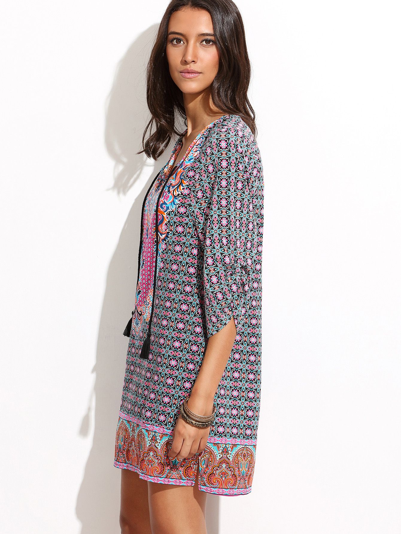 Multicolor Half Sleeve V Neck Printed Dress