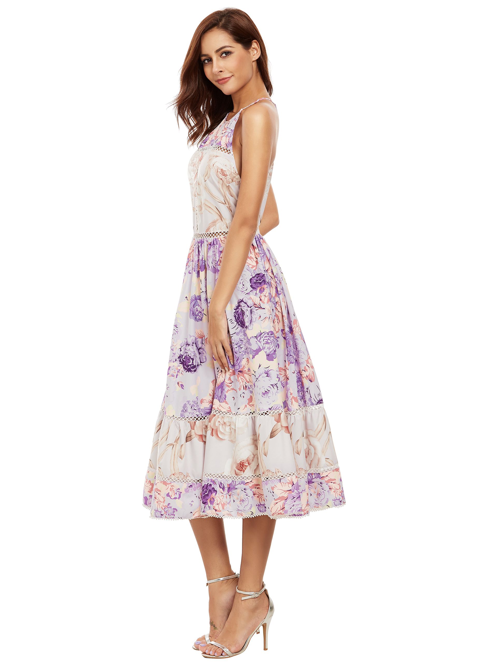 Multicolor Print Ruffle Hem Flare Midi Dress