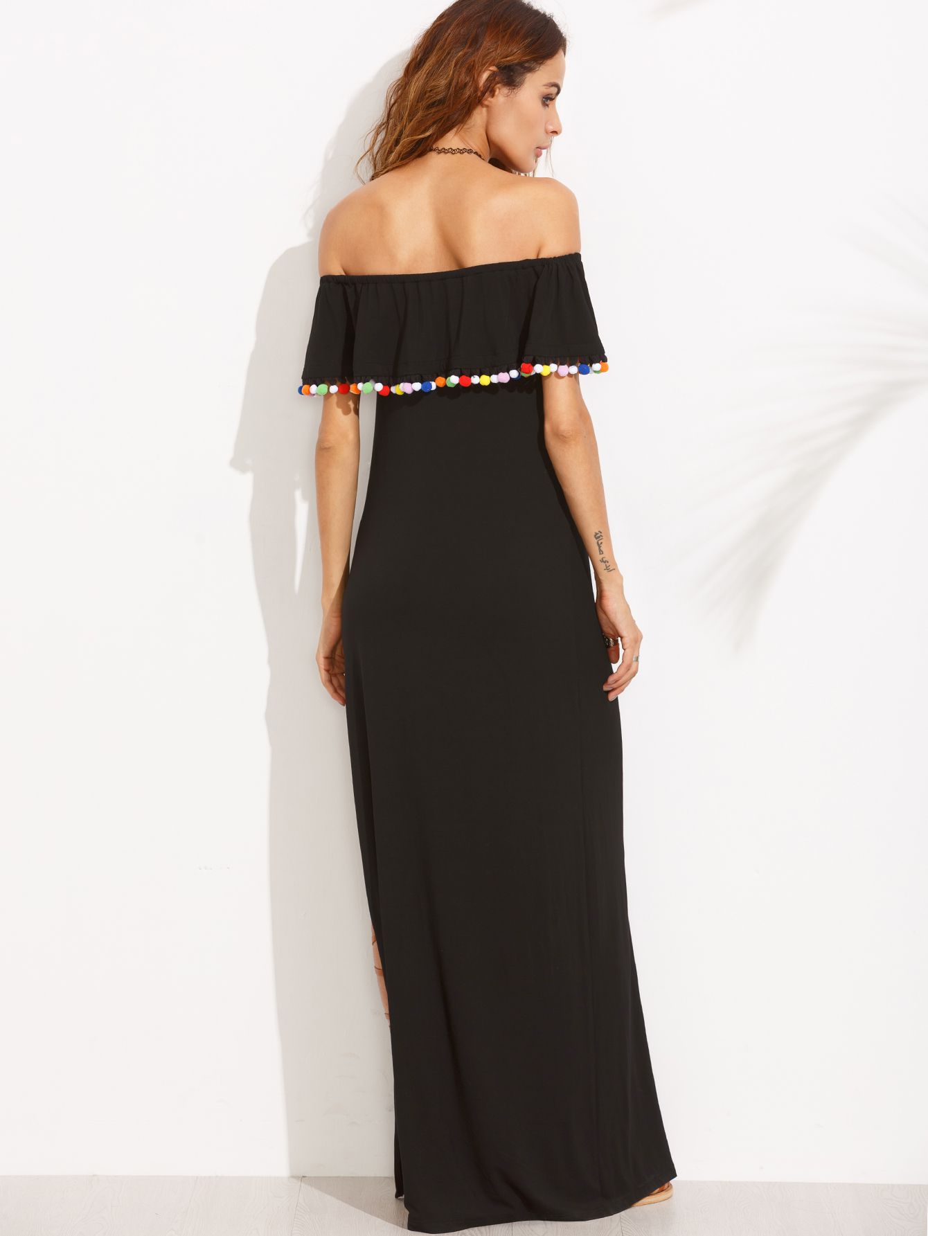 Black Off The Shoulder Pom-pom Trim Split Maxi Dress