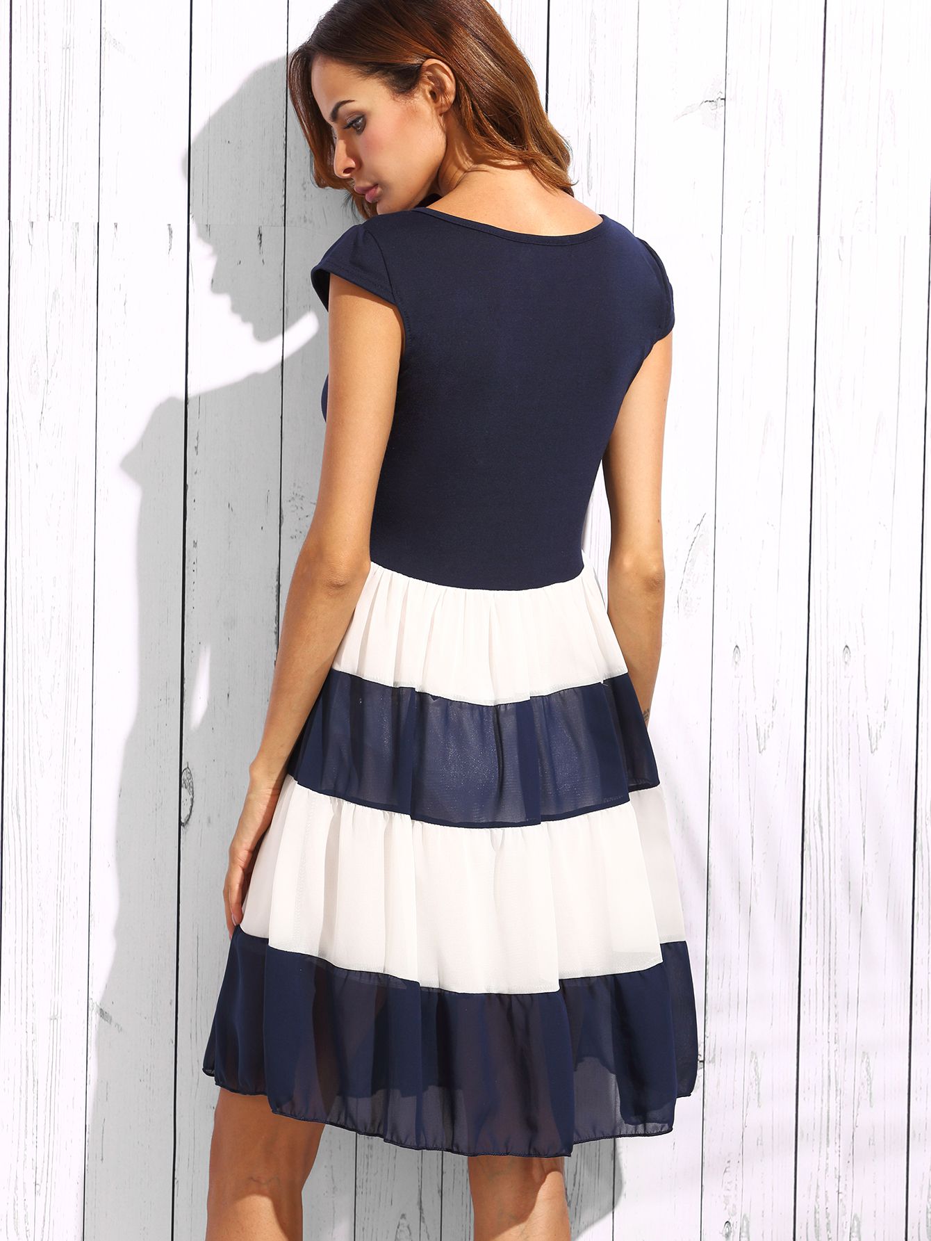 Navy Striped Cap Sleeve Flare Dress