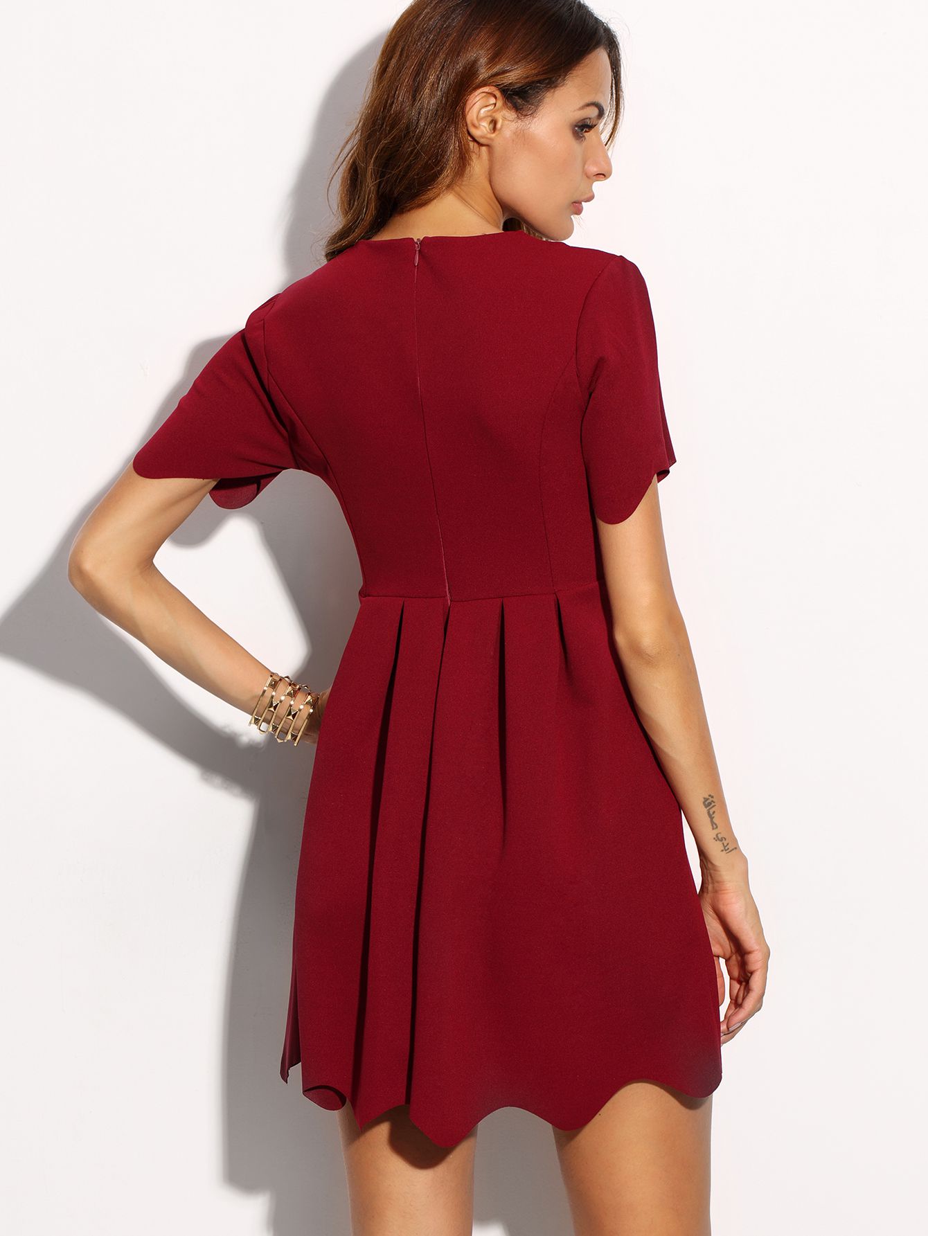 Scalloped Burgundy Notch Neck A Line Dress