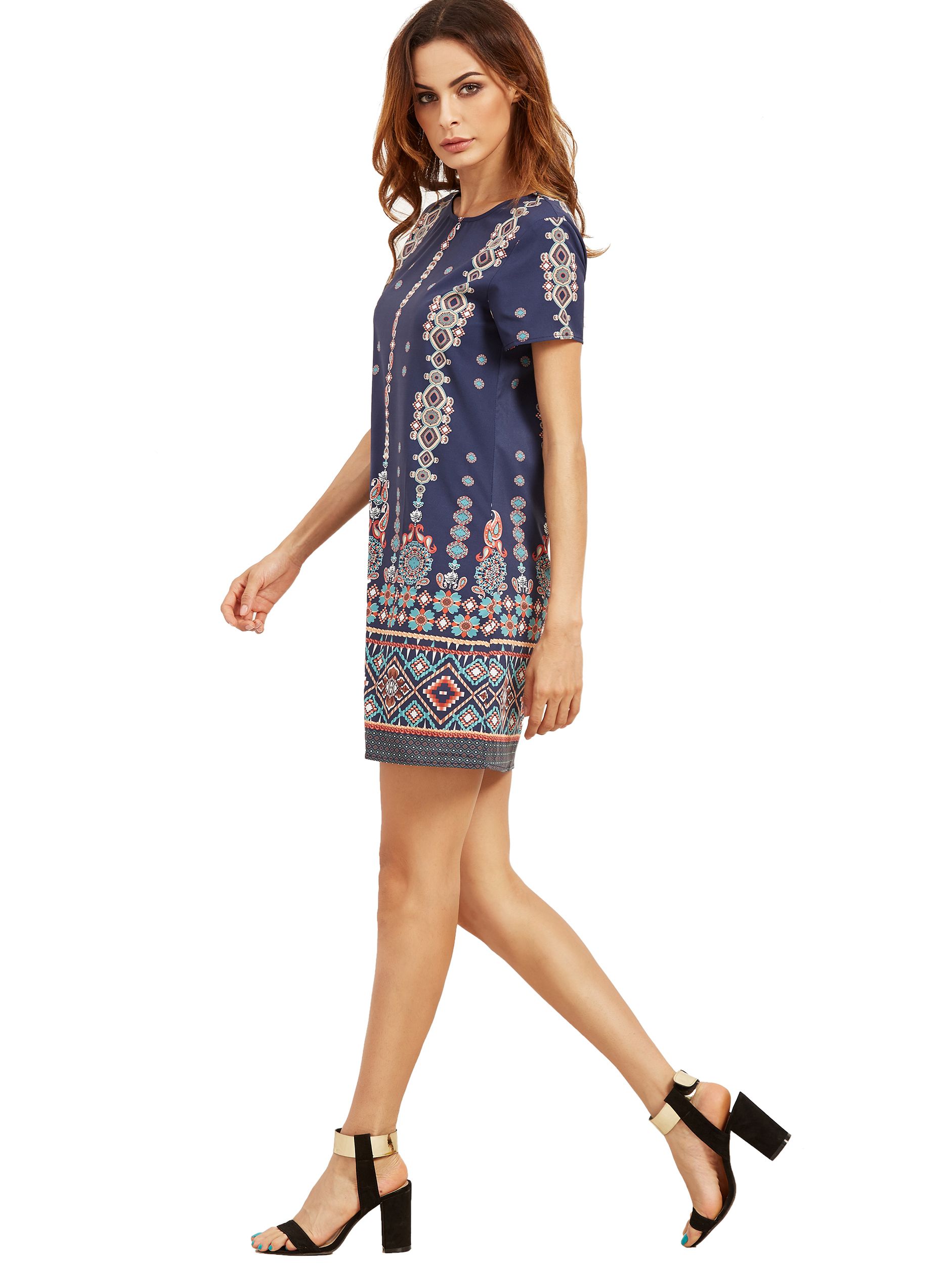 Aztec Print Short Sleeve Shift Dress