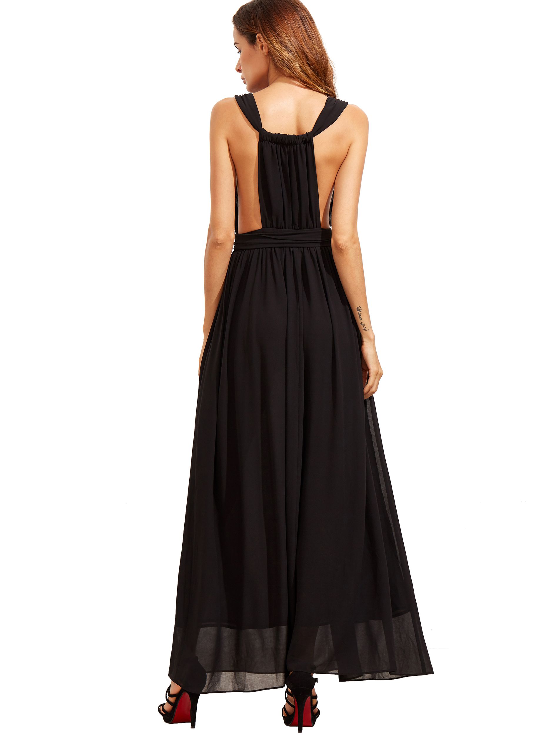 Black Deep V Neck Self-tie Waist Maxi Dress