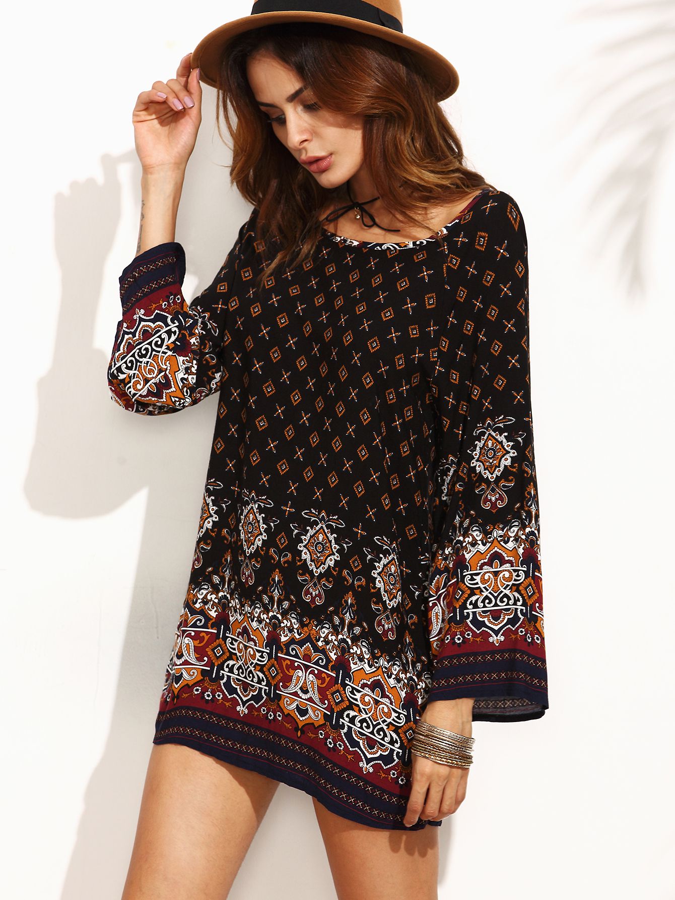 Black Ornate Print Bell Sleeve Dress