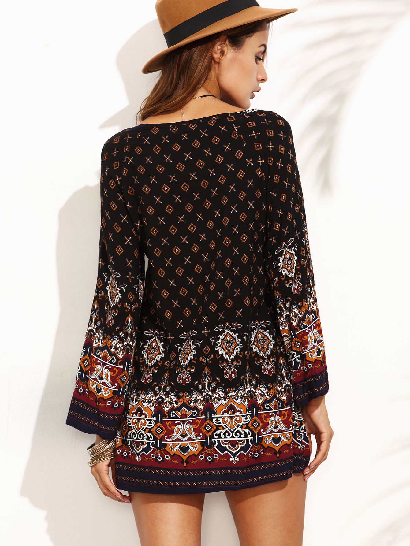 Black Ornate Print Bell Sleeve Dress