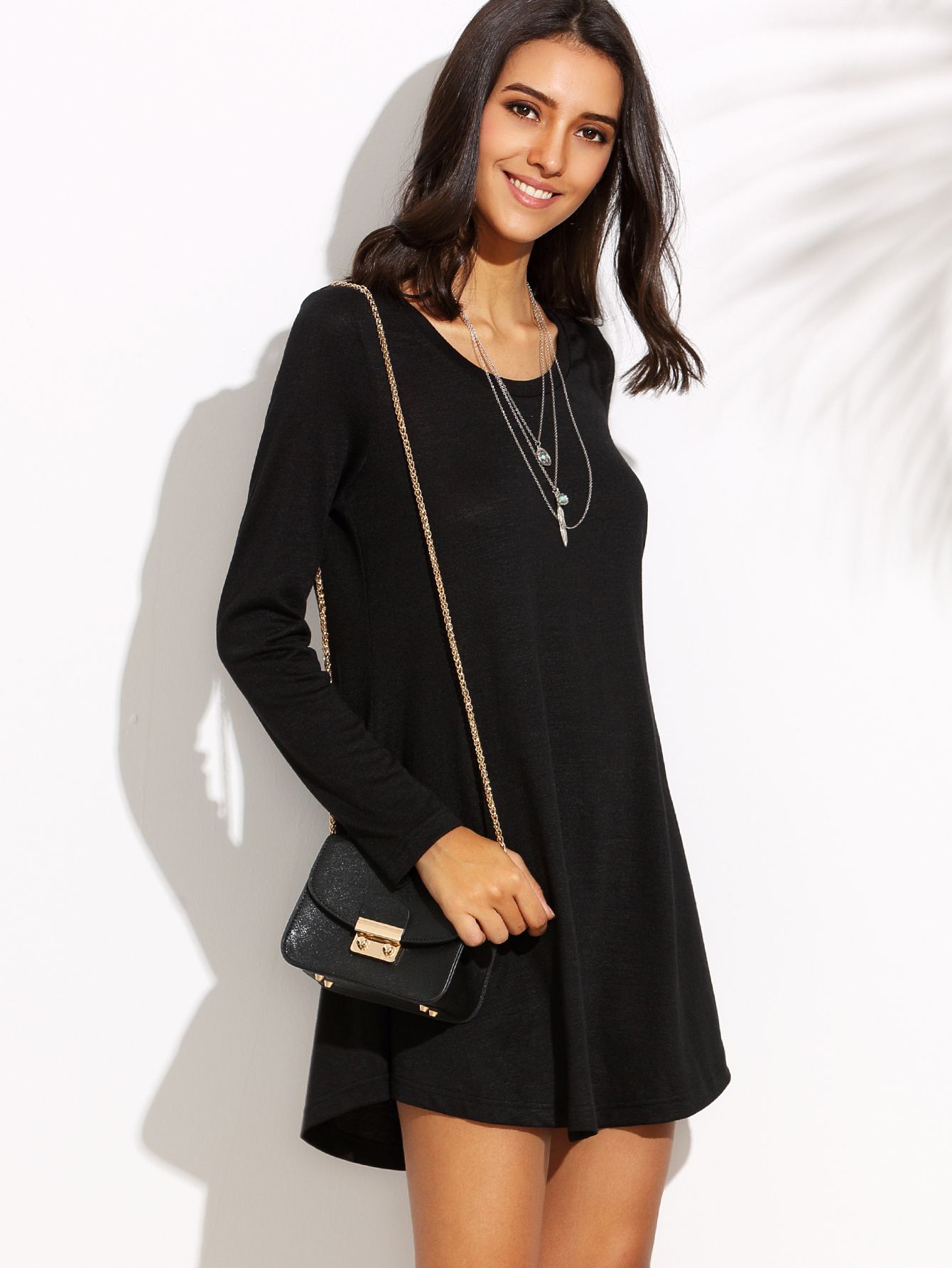 Black Round Neck Long Sleeve Shift Dress