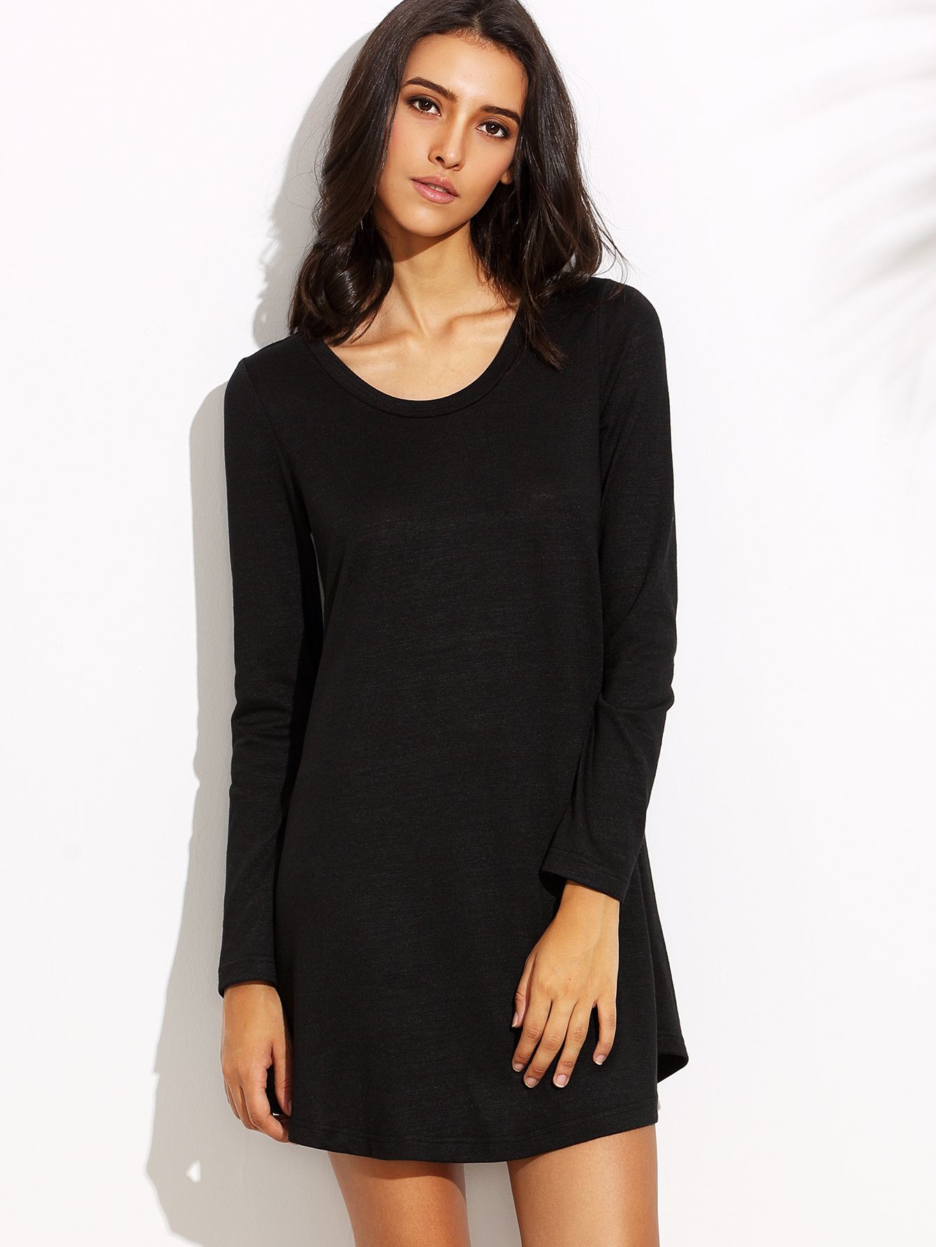 Black Round Neck Long Sleeve Shift Dress