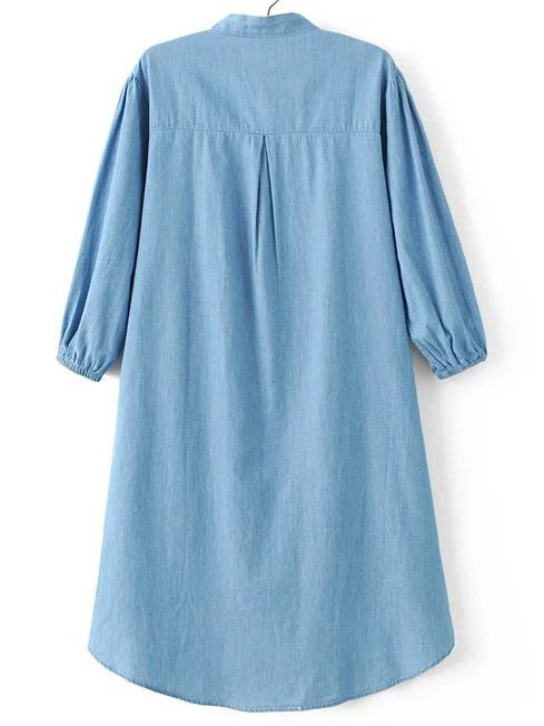 Blue Flower Embroidery High Low Denim Dress With Buttons